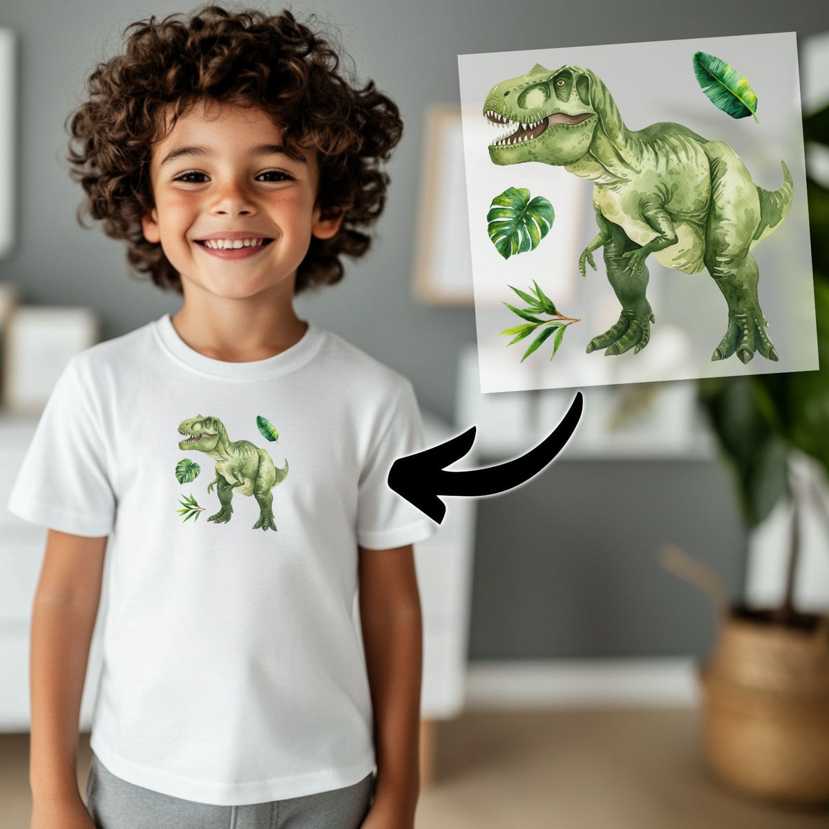 T-Rex Bügelbild, Mit Dschungelblättern